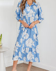 Floral Button-Front 3/4 Sleeve Ruffle Hem Dress
