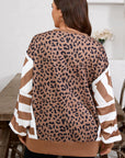 Plus Size Leopard Stripe Patchwork Side Slit Sweatshirt