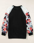 Floral Ribbed Patchwork Long Sleeve Blouse