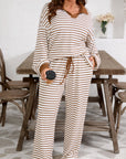 Plus Size Stripe V-Neck Pullover and Drawstring Pants Set