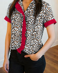 Leopard Contrast Trim Frilled V-Neck Shirt