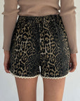 Leopard Contrast Scallop Lace Trim Denim Shorts
