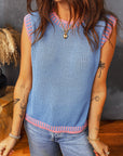 Contrast Trim Round Neck Sleeveless Sweater Top