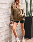 Solid Half-Zip Kangaroo Pocket Baggy Hoodie