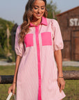 Stripe Patchwork Chest Pocket Mini Shirt Dress
