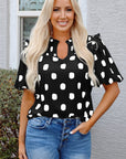 Polka Dot Shirred Notched Neck Balloon Sleeve Blouse