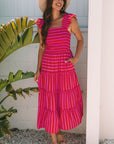 Stripe Smocked Bodice Flutter Sleeve Tiered Maxi Dress