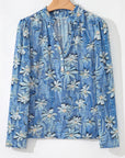 Floral Half Placket Collared V-Neck Blouse