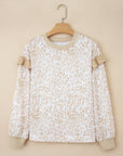 Leopard Ruffle Ribbed Trim Round Neck Sweatshirt