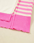Pink Stripe Contrast Polo Collar Drop Shoulder Patchwork Plus Size Pullover