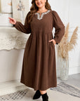Plus Size Textured Corduroy Embroidered Neckline Midi Dress