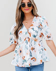 Floral Puff Sleeve V-Neck Babydoll Blouse