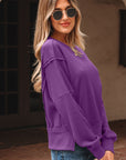 Solid Ribbed Raw Seam Patchwork Drop Shoulder Sweatshirt