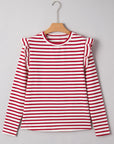 Stripe Round Neck Ruffle Trim Long Sleeve Top