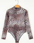 Leopard Mesh Smocked Neck Long Sleeve Bodysuit