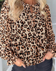 Leopard Tie Front Long Puff Sleeve Blouse