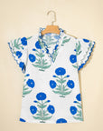Flower Scallop Contrast Trim Short Sleeve Blouse