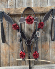 Dark Oil Buckstitch -Red Rose Browband Headstall & Breastcollar Tack Set