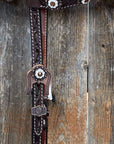 Dark Oil One Ear Headstall / Bridle - White Flower & European Crystal Conchos