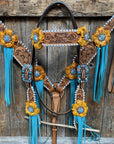 White Whipstitch Yellow and Turquoise Browband/One Ear Headstall & Breastcollar Tack Set