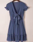 Deep V-Neck Knotted Front Layered Flare Mini Dress