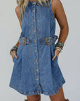 Western Denim Belted Button Down Sleeveless Dress