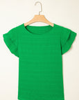 Solid Textured Ruffled Sleeve Round Neck Top