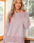 Stripe Thumbhole Sleeve Side Slit Drop Shoulder Hoodie