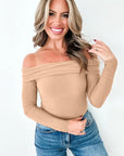 Solid Fold-Over Off-Shoulder Long Sleeve Top