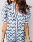 Floral V-Neck Flounced Short Sleeve Blouse