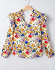 Apricot Ruffled Shoulder Long Sleeve Floral Blouse