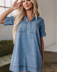 Solid Denim Collared Patch Pocket Mini Dress