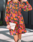 Floral Smocked Ruffle Hem Long Sleeve Mini Dress
