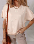 Bow Tie Pearl Embellished Dolman Short Sleeve Sweater