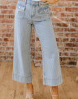 Stripe Denim Button Flap Pocket Cuffed Hem Jeans