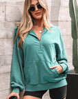 Solid Half-Zip Kangaroo Pocket Baggy Hoodie