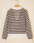 Stripe Eyelet Contrast Collared V-Neck Sweater