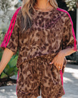 Leopard Contrast Stripe Tee & Shorts Set