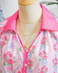 Floral Collared V-Neck Ruffle 3/4 Sleeve Shirt
