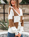 Checker Buttoned V-Neck Sweater Cardigan