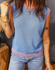 Contrast Trim Round Neck Sleeveless Sweater Top