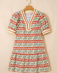 Floral Tulip Stripe Short Puff Sleeve Mini Dress
