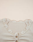 Solid Ribbed Lace Neckline Long Sleeve Top