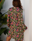 Floral Split Neck Bubble Sleeve Shift Mini Dress