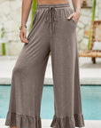 Solid Ruffle Wide Leg High Waist Pants