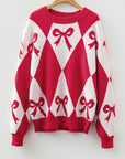 Bow Colorblock Rhombus Drop Shoulder Sweater