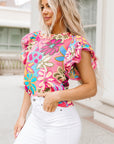 Chelsea Floral Print Trimmed Ruffle Sleeve Blouse