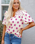 Polka Dot Shirred Notched Neck Balloon Sleeve Blouse