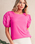 Pearl Beaded Puff Sleeve Ribbed Top