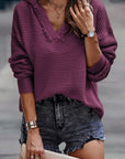 Solid Ribbed Drop Shoulder Hooded V-Neck Sweater